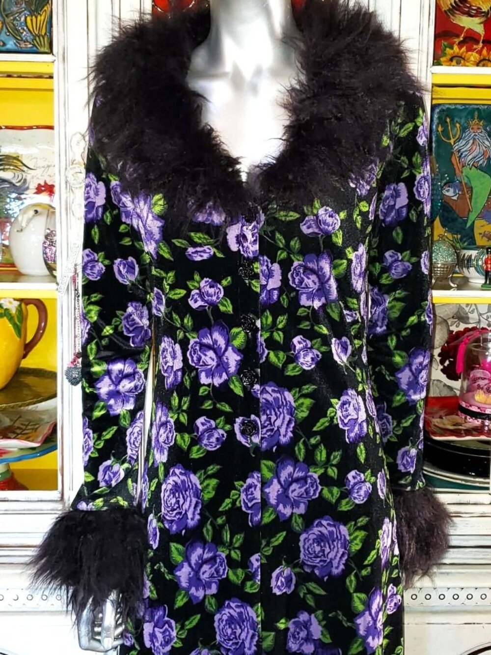 Betsey Johnson Black Velvet Floral Faux Fur Duster Opera Coat Long Dress Jacket - Picture 12 of 16